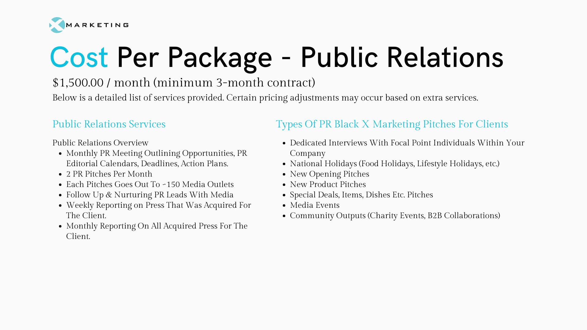 Graphic highlighting the cost of Black X Marketing PR Packages for Restauarants starting at 1500.00 per month