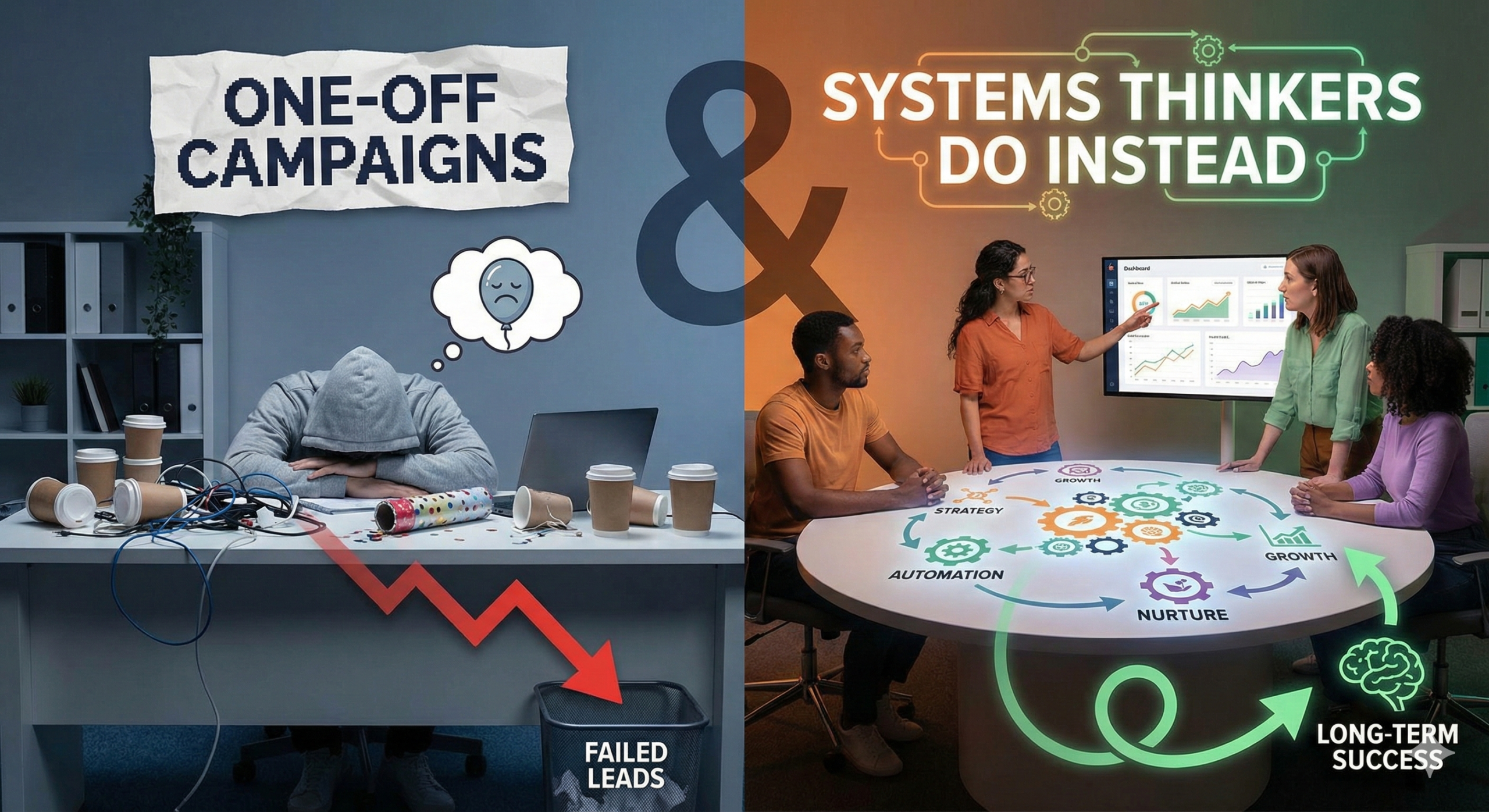 Image depicting why one off marketing campaigns fail. It shows 2 contrasting sides. One off campaigns on the left with a declining arrow and on the right, service based marketing with vibrant colors and arrow going up.