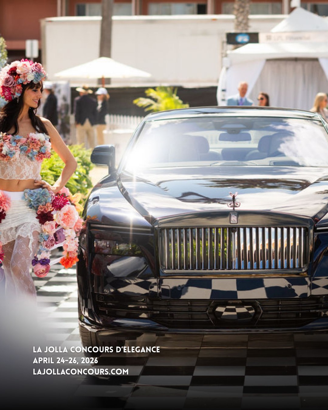 Image featuring a shiny black Rolls Royce with a woman dressed in white with multi-colored flowered adorning her dress. This image is used to promote a advertising partnership with Black X Marketing for the promotion of the La Jolla Concours d' Elegance in 2026