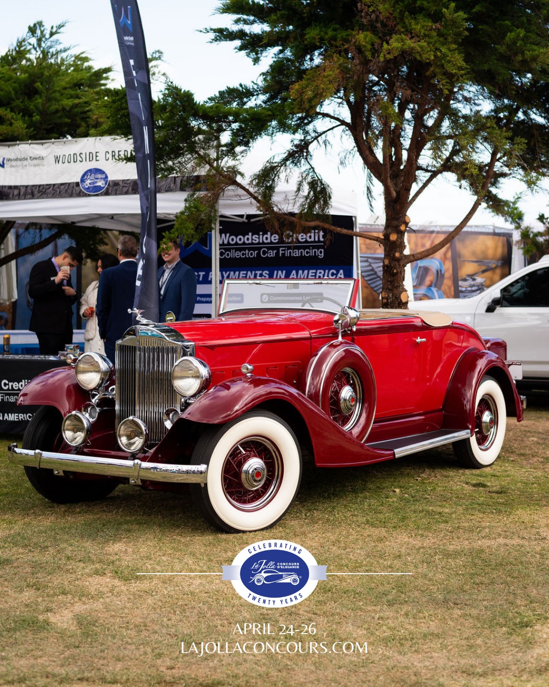 image of a vintage red rolls royce featured at the La Jolla Concourse d' Elegance. This image is used to promote a advertising partnership with Black X Marketing for the promotion of the La Jolla Concours d' Elegance in 2026