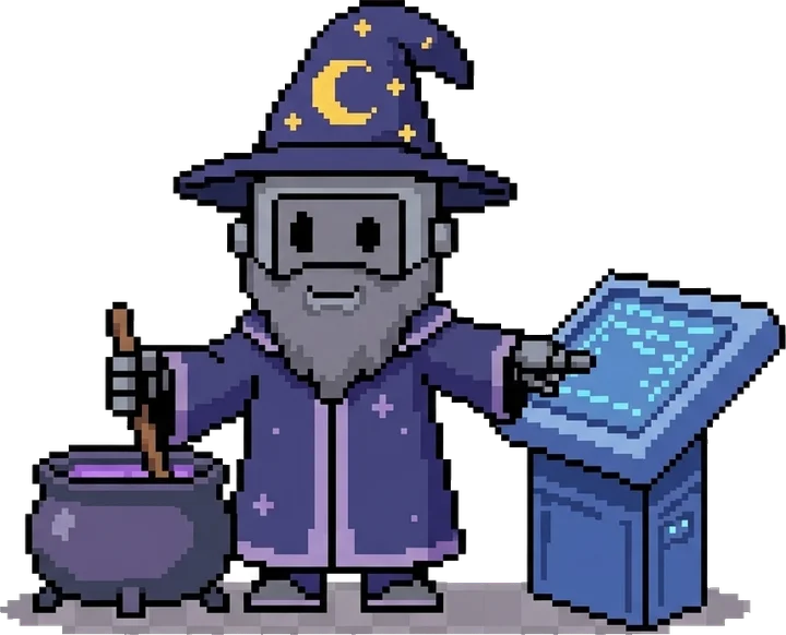 Cheeky Merlin, the robot wizard mascot, stirring a cauldron beside a data terminal
